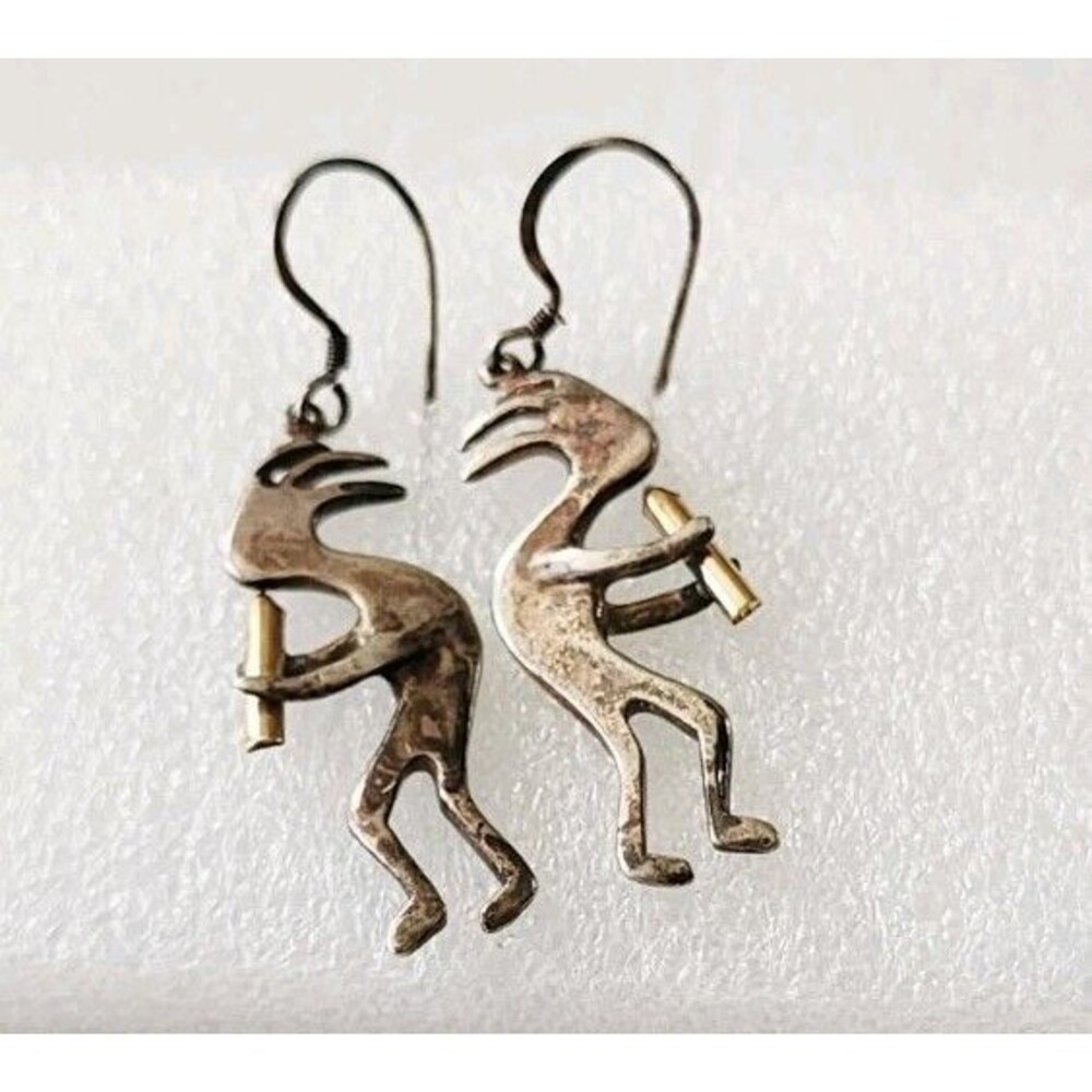Southwestern Sterling Silver Kokopelli Hook Dangle Earrings 1.75"